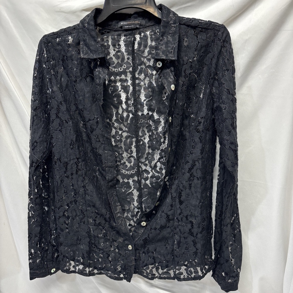 BCBG Maxazria Womens Blouse Top Button Up Collared Small Black Lace